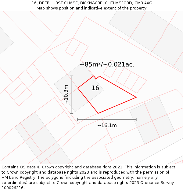 16, DEERHURST CHASE, BICKNACRE, CHELMSFORD, CM3 4XG: Plot and title map