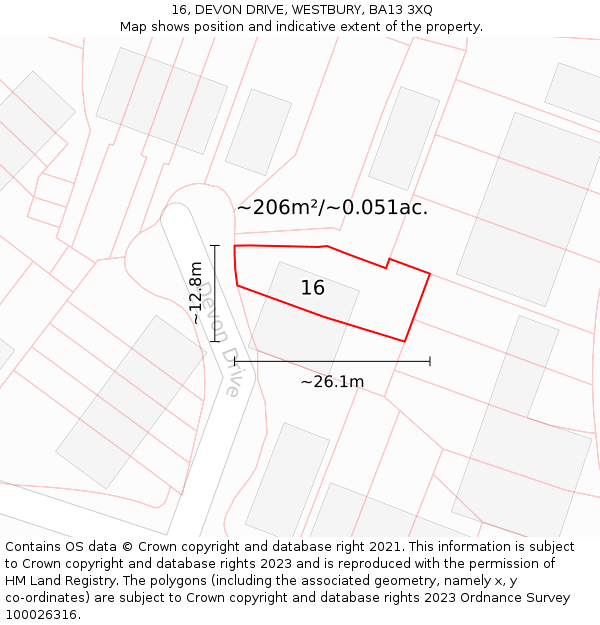 16, DEVON DRIVE, WESTBURY, BA13 3XQ: Plot and title map