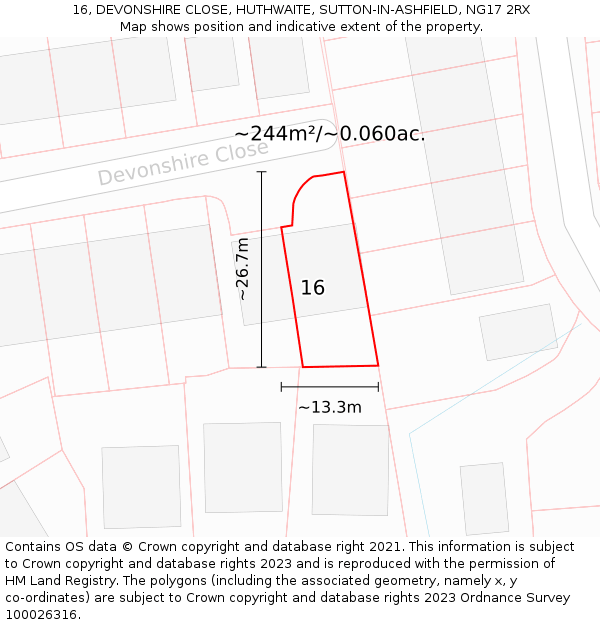 16, DEVONSHIRE CLOSE, HUTHWAITE, SUTTON-IN-ASHFIELD, NG17 2RX: Plot and title map