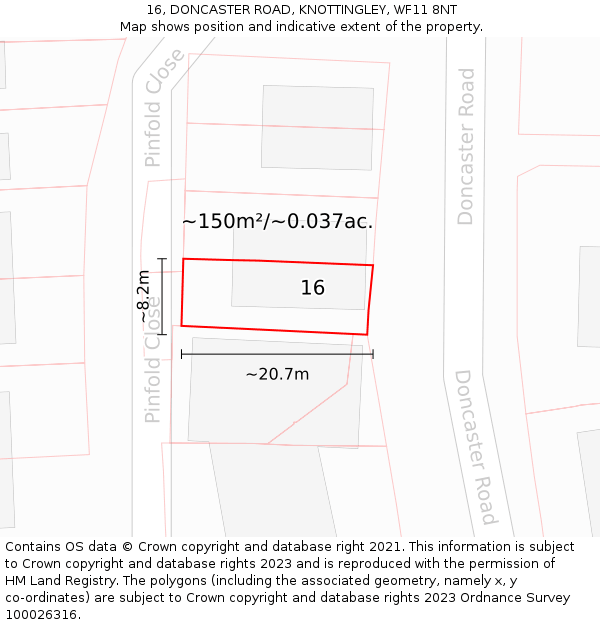 16, DONCASTER ROAD, KNOTTINGLEY, WF11 8NT: Plot and title map