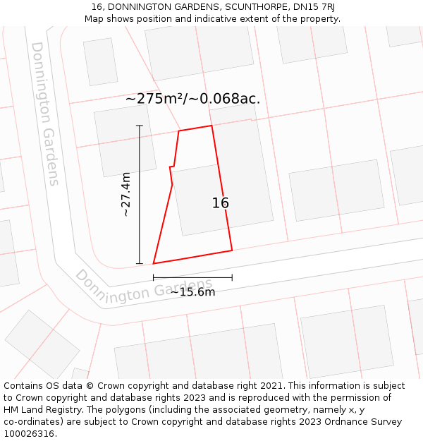 16, DONNINGTON GARDENS, SCUNTHORPE, DN15 7RJ: Plot and title map