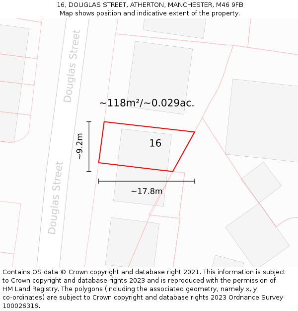 16, DOUGLAS STREET, ATHERTON, MANCHESTER, M46 9FB: Plot and title map