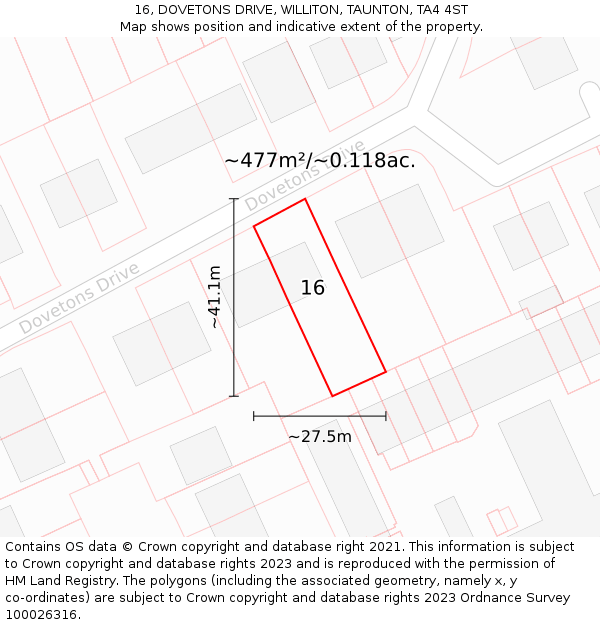 16, DOVETONS DRIVE, WILLITON, TAUNTON, TA4 4ST: Plot and title map