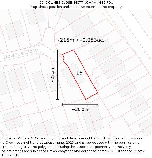 16, DOWNES CLOSE, NOTTINGHAM, NG6 7DU: Plot and title map