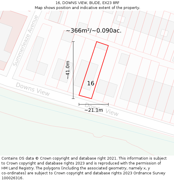 16, DOWNS VIEW, BUDE, EX23 8RF: Plot and title map