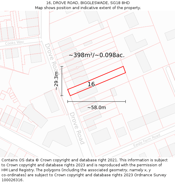 16, DROVE ROAD, BIGGLESWADE, SG18 8HD: Plot and title map