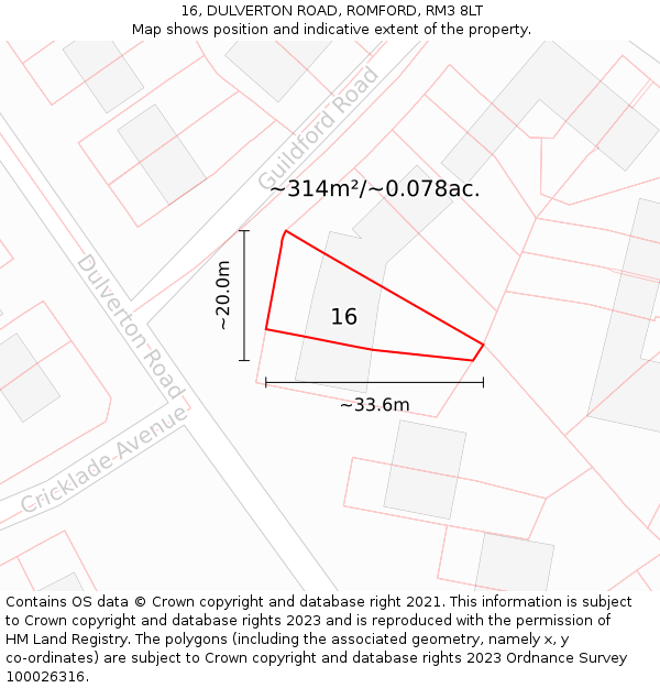 16, DULVERTON ROAD, ROMFORD, RM3 8LT: Plot and title map