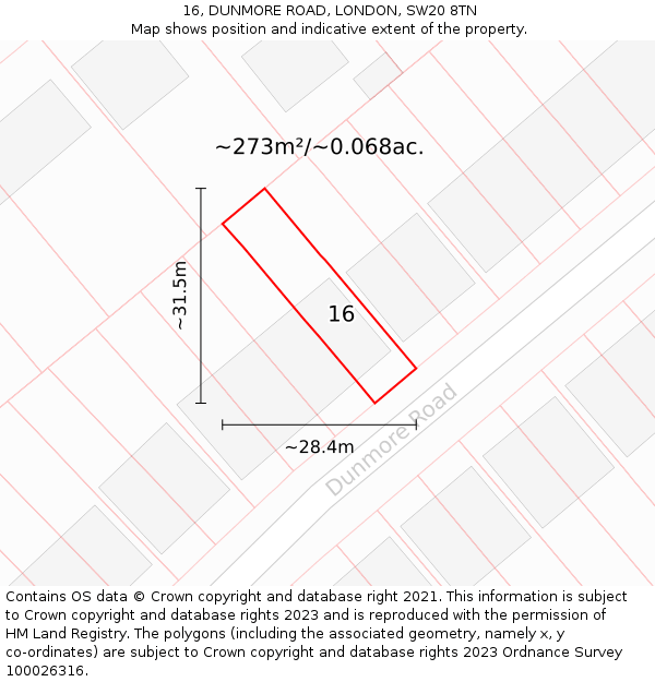 16, DUNMORE ROAD, LONDON, SW20 8TN: Plot and title map