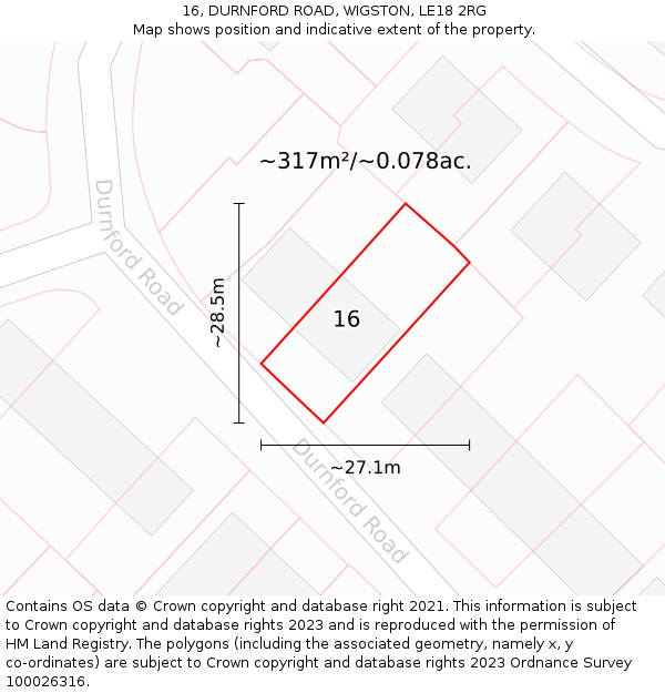 16, DURNFORD ROAD, WIGSTON, LE18 2RG: Plot and title map