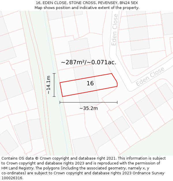 16, EDEN CLOSE, STONE CROSS, PEVENSEY, BN24 5EX: Plot and title map