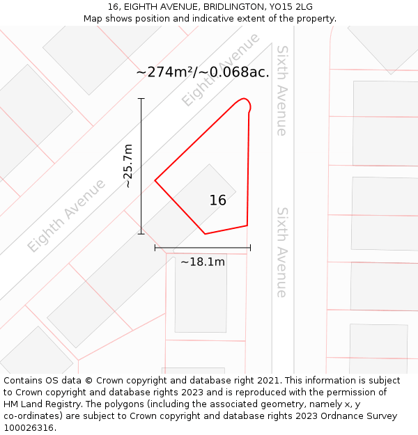 16, EIGHTH AVENUE, BRIDLINGTON, YO15 2LG: Plot and title map