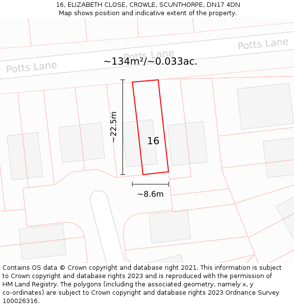 16, ELIZABETH CLOSE, CROWLE, SCUNTHORPE, DN17 4DN: Plot and title map