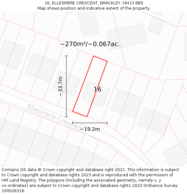 16, ELLESMERE CRESCENT, BRACKLEY, NN13 6BS: Plot and title map