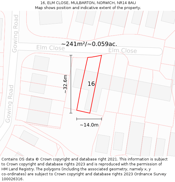 16, ELM CLOSE, MULBARTON, NORWICH, NR14 8AU: Plot and title map