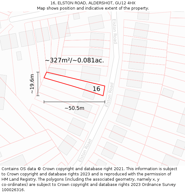 16, ELSTON ROAD, ALDERSHOT, GU12 4HX: Plot and title map