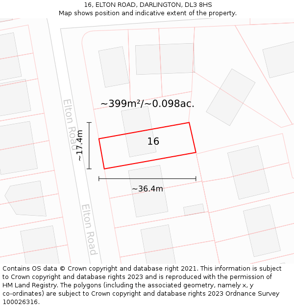 16, ELTON ROAD, DARLINGTON, DL3 8HS: Plot and title map