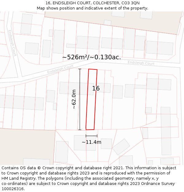 16, ENDSLEIGH COURT, COLCHESTER, CO3 3QN: Plot and title map