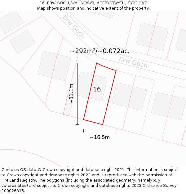 16, ERW GOCH, WAUNFAWR, ABERYSTWYTH, SY23 3AZ: Plot and title map