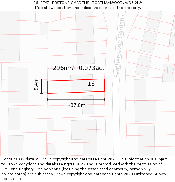 16, FEATHERSTONE GARDENS, BOREHAMWOOD, WD6 2LW: Plot and title map