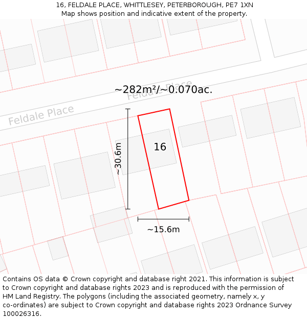 16, FELDALE PLACE, WHITTLESEY, PETERBOROUGH, PE7 1XN: Plot and title map