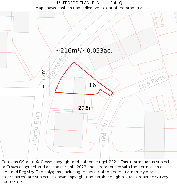 16, FFORDD ELAN, RHYL, LL18 4HQ: Plot and title map