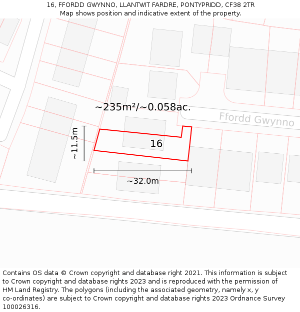 16, FFORDD GWYNNO, LLANTWIT FARDRE, PONTYPRIDD, CF38 2TR: Plot and title map