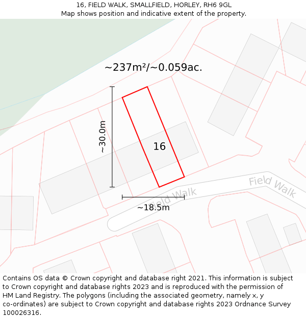16, FIELD WALK, SMALLFIELD, HORLEY, RH6 9GL: Plot and title map