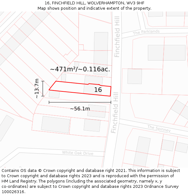 16, FINCHFIELD HILL, WOLVERHAMPTON, WV3 9HF: Plot and title map