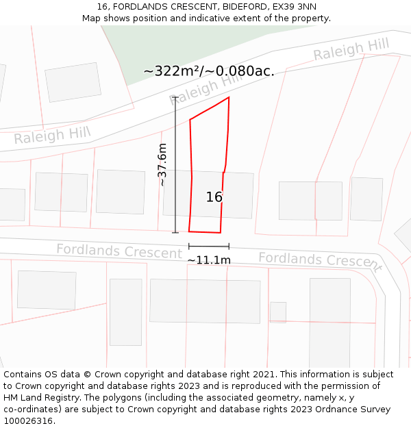 16, FORDLANDS CRESCENT, BIDEFORD, EX39 3NN: Plot and title map