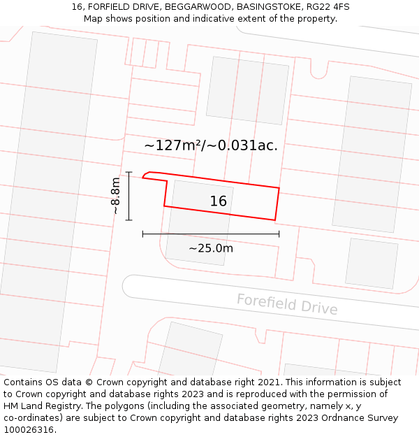 16, FORFIELD DRIVE, BEGGARWOOD, BASINGSTOKE, RG22 4FS: Plot and title map