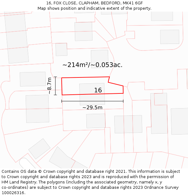 16, FOX CLOSE, CLAPHAM, BEDFORD, MK41 6GF: Plot and title map