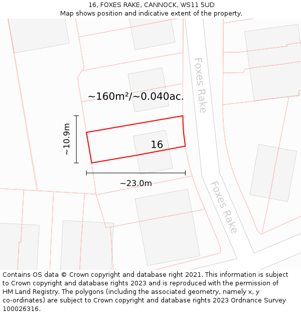 16, FOXES RAKE, CANNOCK, WS11 5UD: Plot and title map