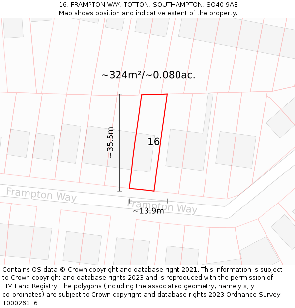 16, FRAMPTON WAY, TOTTON, SOUTHAMPTON, SO40 9AE: Plot and title map