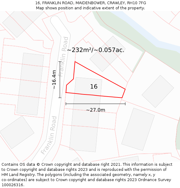 16, FRANKLIN ROAD, MAIDENBOWER, CRAWLEY, RH10 7FG: Plot and title map