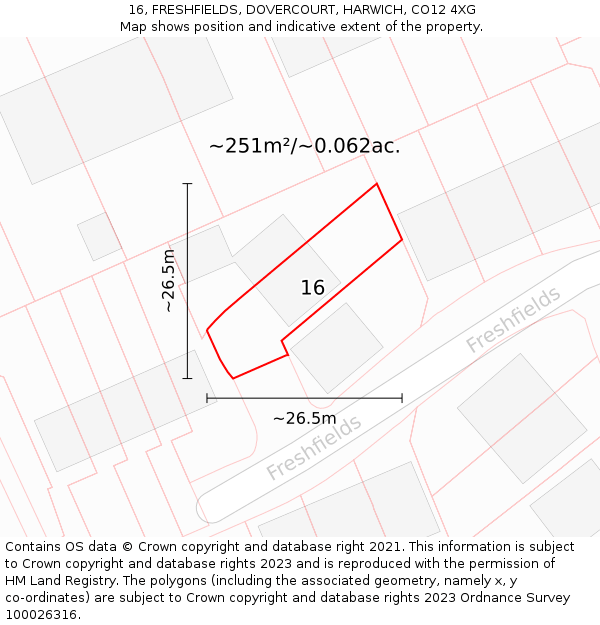 16, FRESHFIELDS, DOVERCOURT, HARWICH, CO12 4XG: Plot and title map