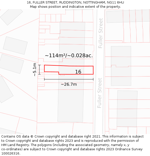 16, FULLER STREET, RUDDINGTON, NOTTINGHAM, NG11 6HU: Plot and title map