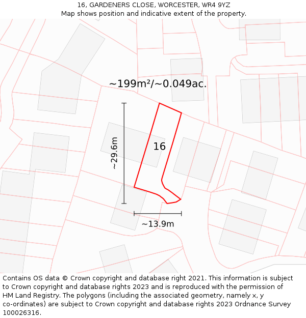 16, GARDENERS CLOSE, WORCESTER, WR4 9YZ: Plot and title map