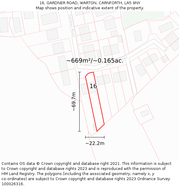 16, GARDNER ROAD, WARTON, CARNFORTH, LA5 9NY: Plot and title map