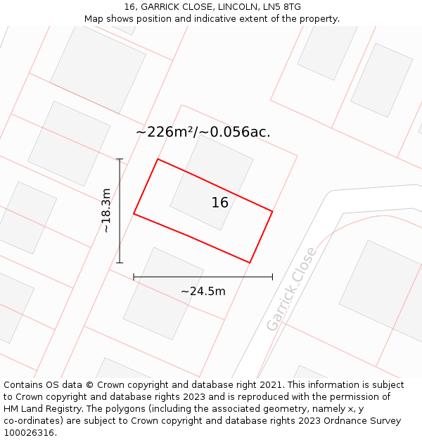 16, GARRICK CLOSE, LINCOLN, LN5 8TG: Plot and title map