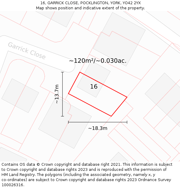 16, GARRICK CLOSE, POCKLINGTON, YORK, YO42 2YX: Plot and title map