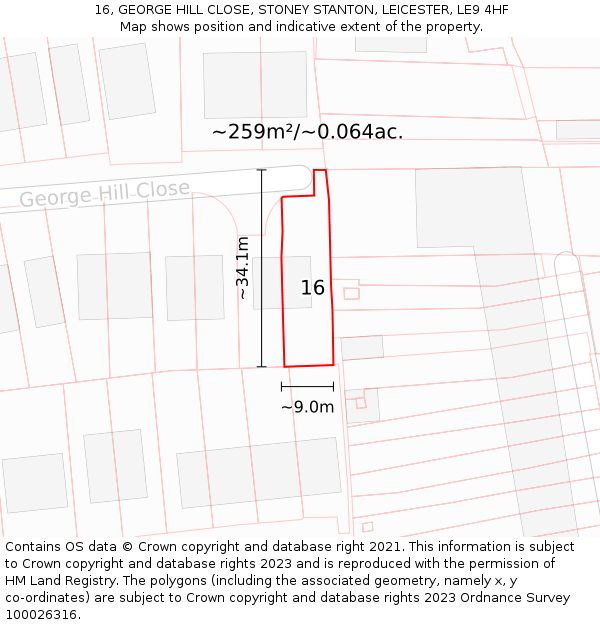 16, GEORGE HILL CLOSE, STONEY STANTON, LEICESTER, LE9 4HF: Plot and title map