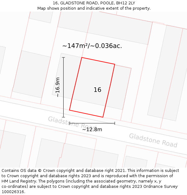 16, GLADSTONE ROAD, POOLE, BH12 2LY: Plot and title map