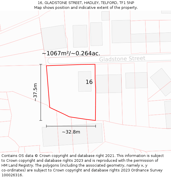 16, GLADSTONE STREET, HADLEY, TELFORD, TF1 5NP: Plot and title map