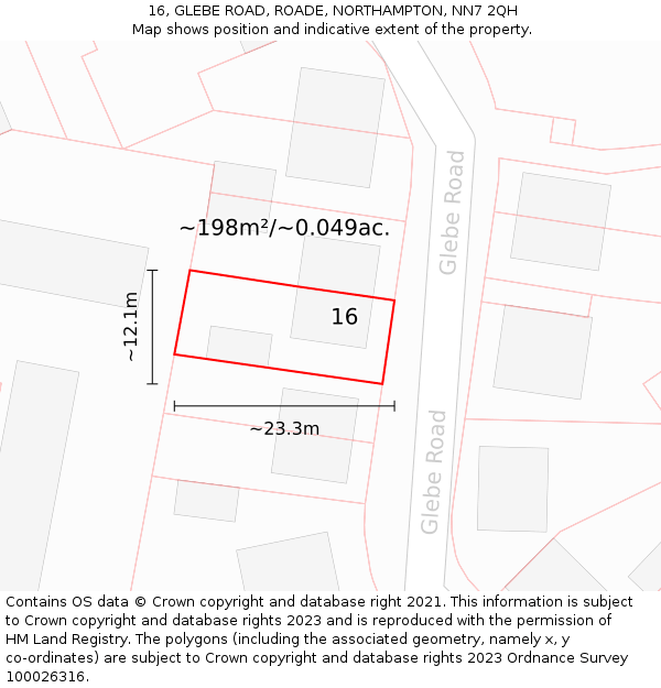 16, GLEBE ROAD, ROADE, NORTHAMPTON, NN7 2QH: Plot and title map