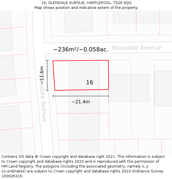 16, GLENDALE AVENUE, HARTLEPOOL, TS26 9QG: Plot and title map