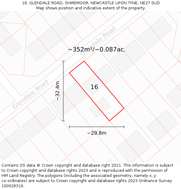 16, GLENDALE ROAD, SHIREMOOR, NEWCASTLE UPON TYNE, NE27 0UD: Plot and title map