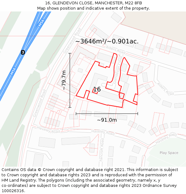 16, GLENDEVON CLOSE, MANCHESTER, M22 8FB: Plot and title map