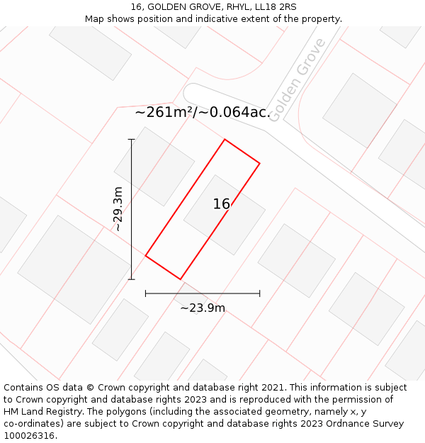 16, GOLDEN GROVE, RHYL, LL18 2RS: Plot and title map