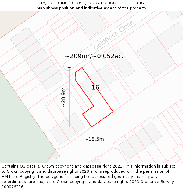 16, GOLDFINCH CLOSE, LOUGHBOROUGH, LE11 3HG: Plot and title map