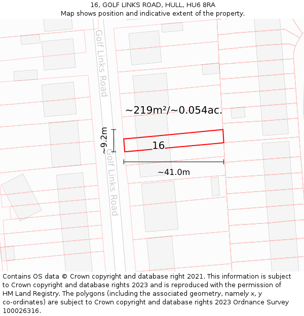16, GOLF LINKS ROAD, HULL, HU6 8RA: Plot and title map